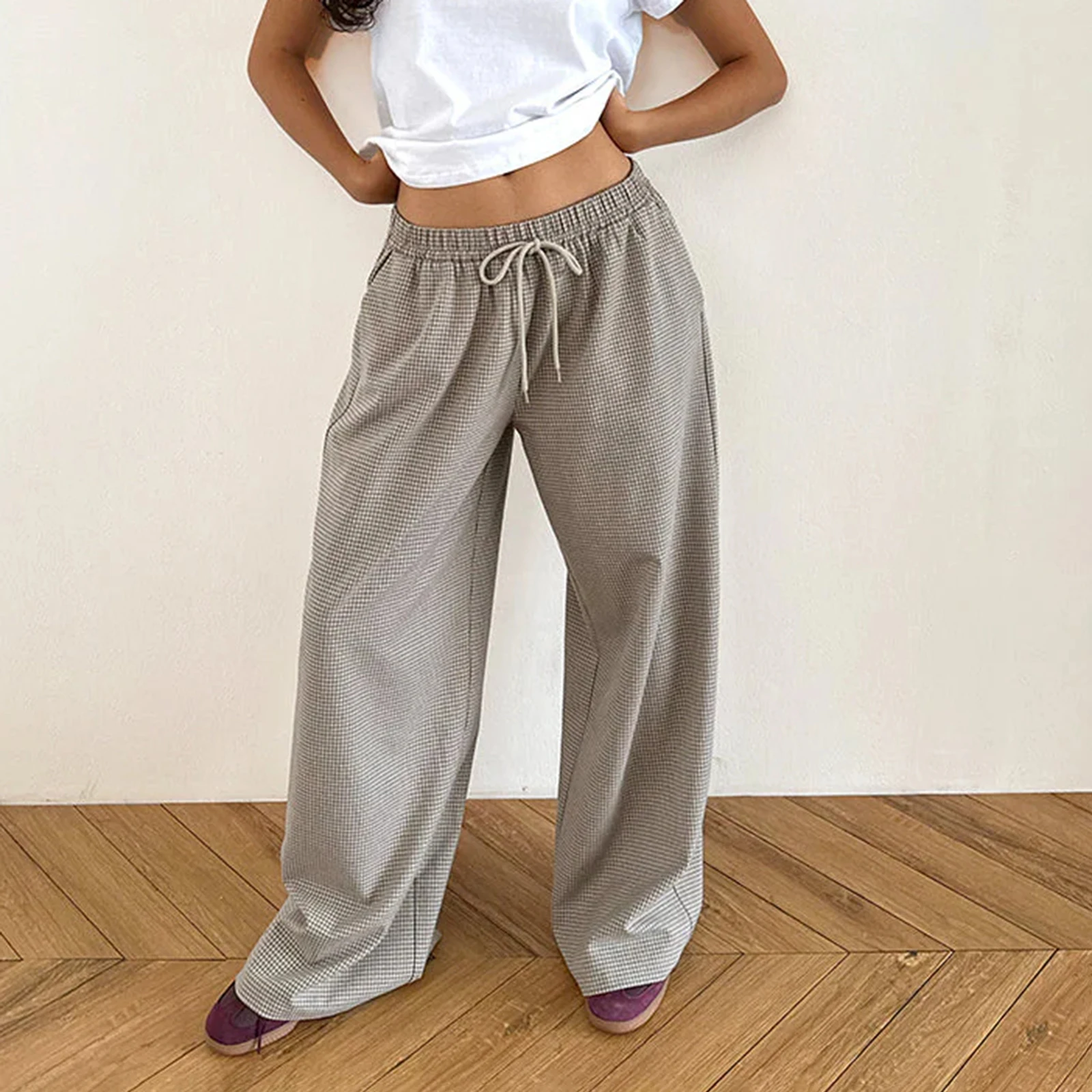 سراويل نسائية منقوشة واسعة الساق بخصر مطاطي سراويل شارع كبيرة الحجم للارتداء اليومي والنشاط الخارجي ملابس الشارع