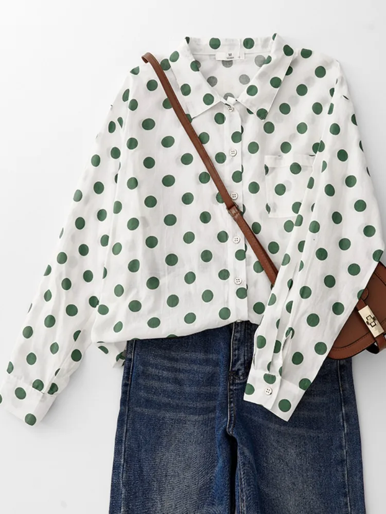 

Новая винтажная хлопково-льняная одежда в горошек, женская весенняя универсальная многослойная верхняя одежда на одной пуговице