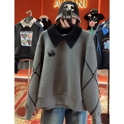 Simplicity Fashion Autumn Winter New Women Lapel Contrast Color Diamonds Korean Casual Long Sleeve Pullovers Sweatshirts Tops