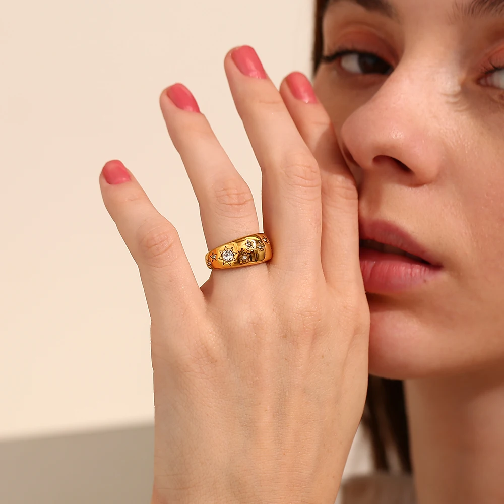 MamacitaSlay Stainless Steel 18K Gold Plated Sun Moon Stars Ring 2025 New Design Waterproof Jewelry Women\'s Charm Finger Jewelry