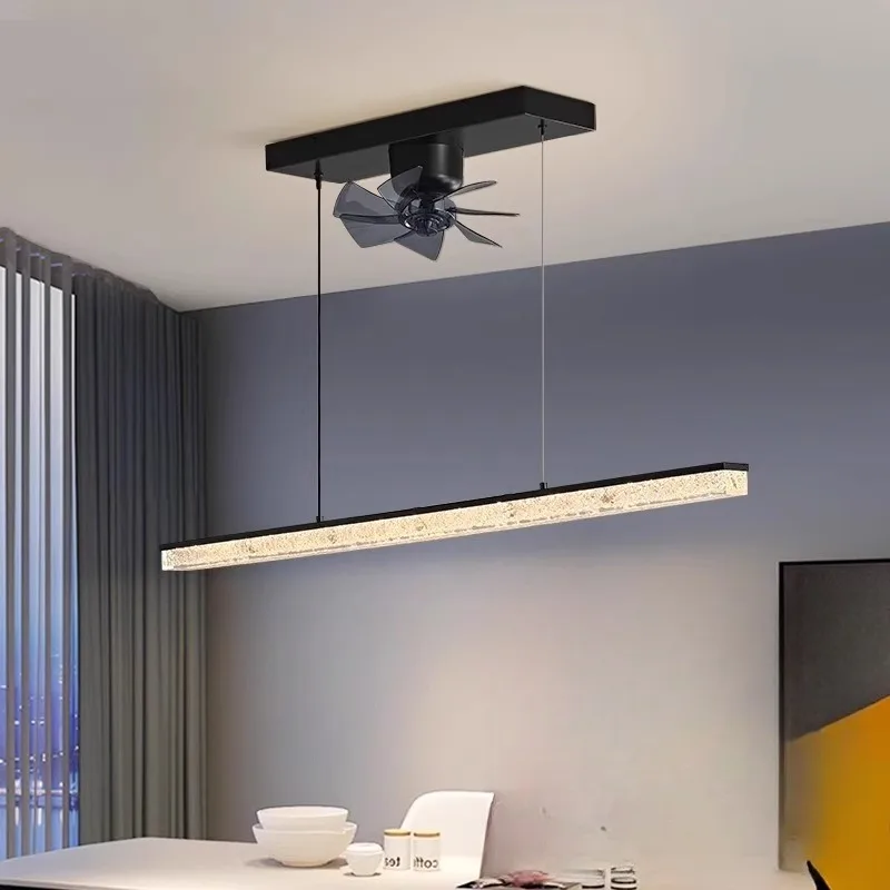 Italian Minimalist Linear Ceiling Fan Chandelier Modern Luxury Eye‑Caring LED Pendant Fan Light for Bar & Dining Table