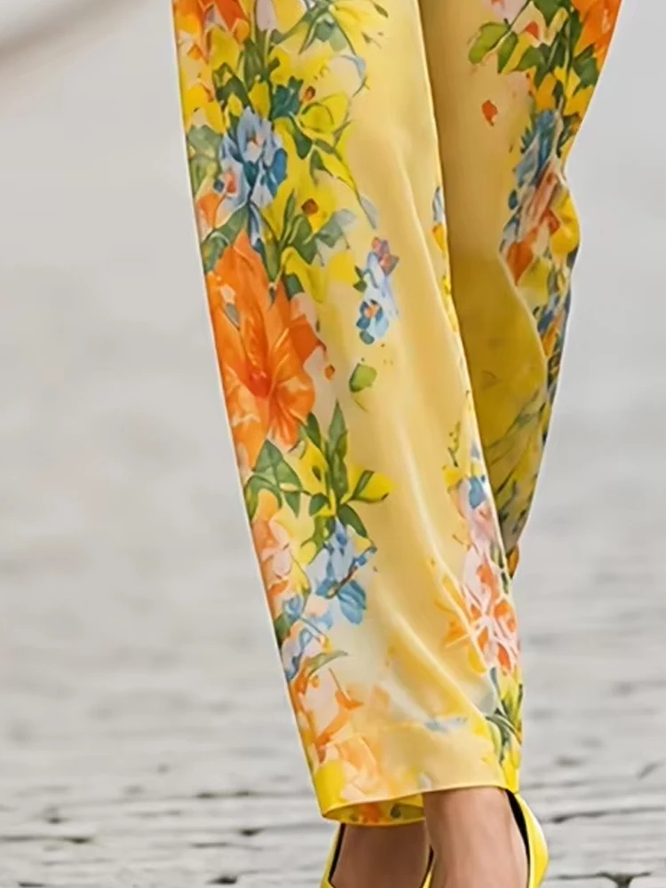 

Floral Print Two-Piece Set for Women Button-Down Shirt High Waist Wide Leg Pants Chiffon Sheer Blouse Trousers Outfit Pockets