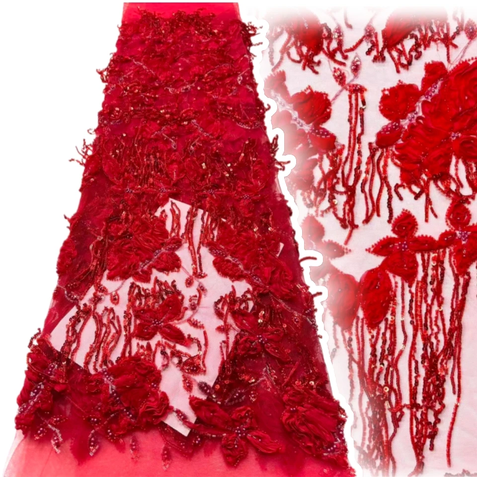 

2026 3D High Quality New Arrival African Handmade Beaded Lace Fabric Nigerian Sequins Lace Fabric Women Wedding Dress 5Y SZ1825