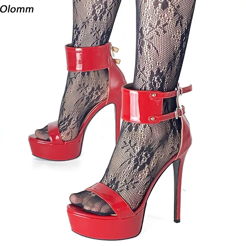 

Olomm Handmade Women Platform Sandals Ankle Wrap Stiletto High Heels Open Toe Pretty Black Party Shoes Ladies US Plus Size 5-20