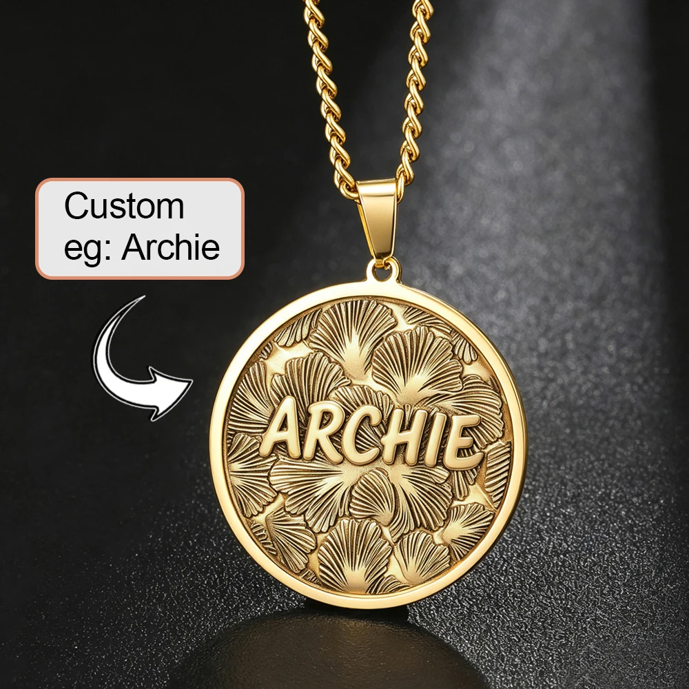 Custom Name Ginkgo Leaf Medallion Necklace for Women Brass Pendant Stainless Steel Chain 3D Relief Personalized Name Jewelry