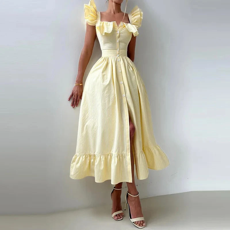 

Talenza Ruffle Striped Long Dress Women Pleated Square Collar Flying Sleeve Single Breasted Dress Lady Elegant Party Slim Dress