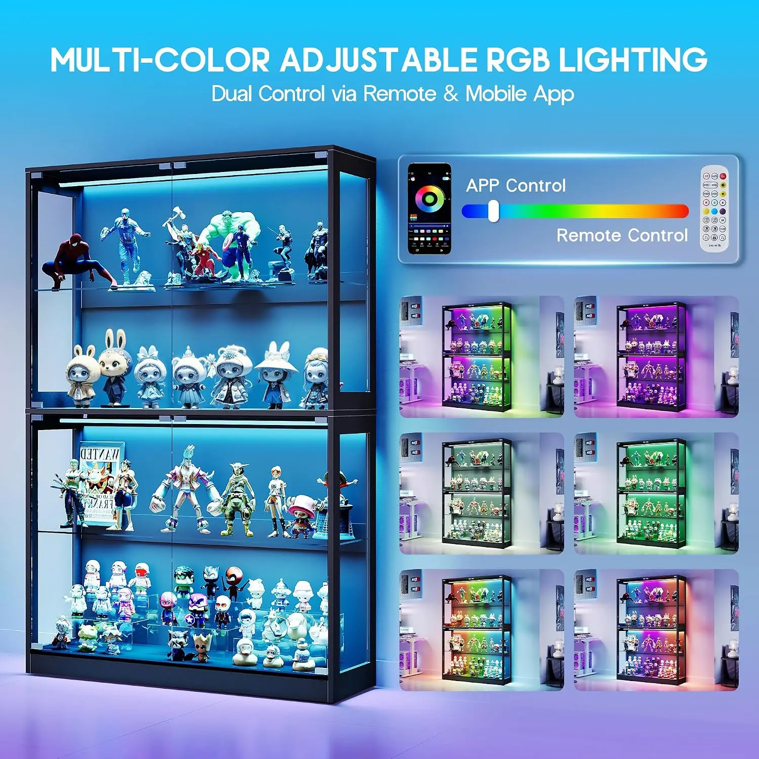 45-Inch RGB Glass Door Display Cabinet with LED Lights for Home Storage, Customized