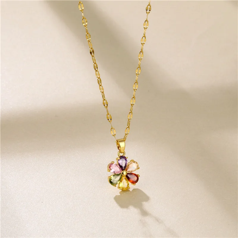 Vintage Bohemia Colorful Zircon Crystal Flower Pendant Stainless Steel Women Necklaces Female Clavicle Chain Jewelry Wholesale