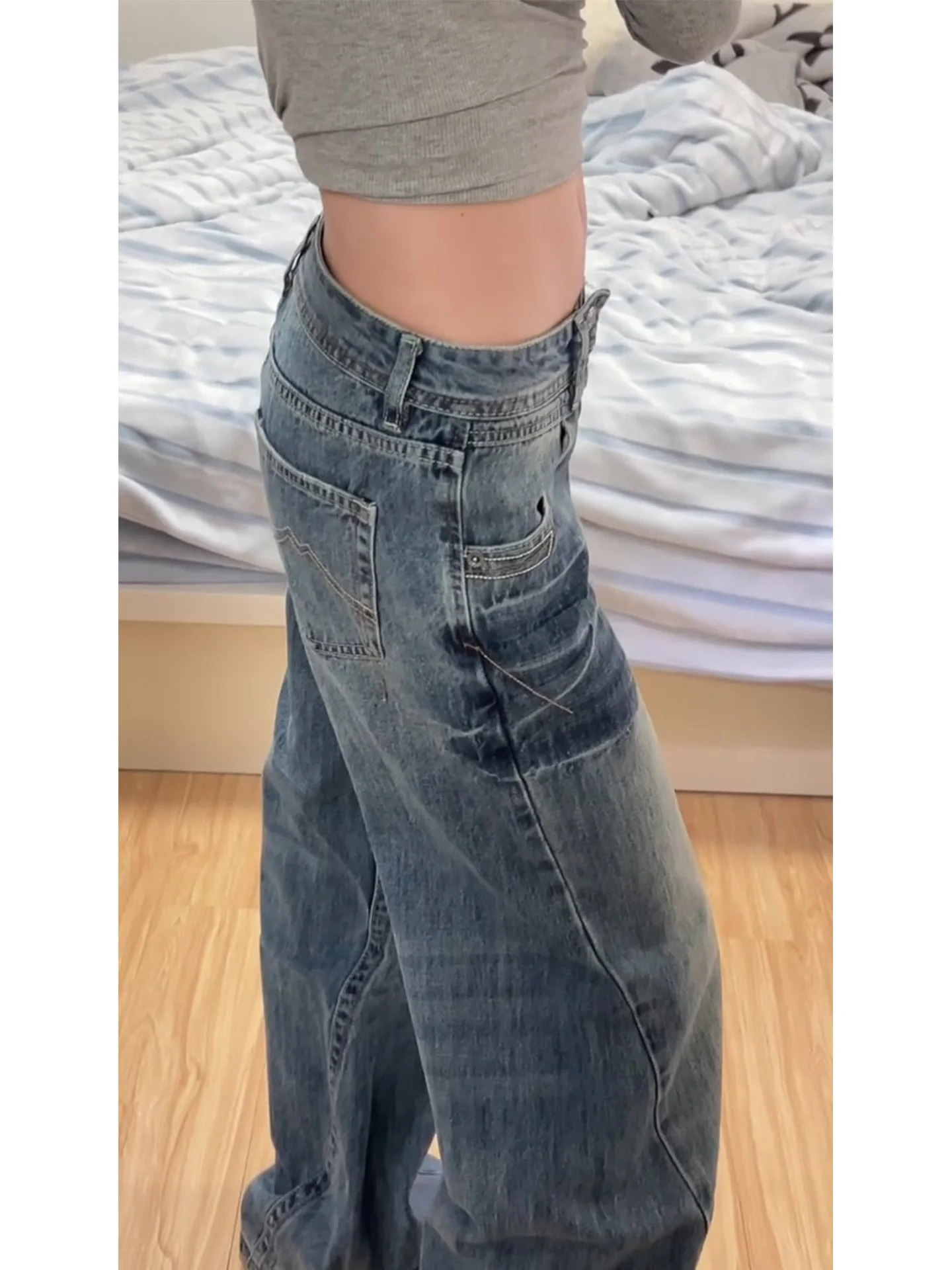 

Retro American Washed Slim Fit Jeans Women's Summer New Style Small Size Faded High Waist Straight Leg Casual Denim Pants