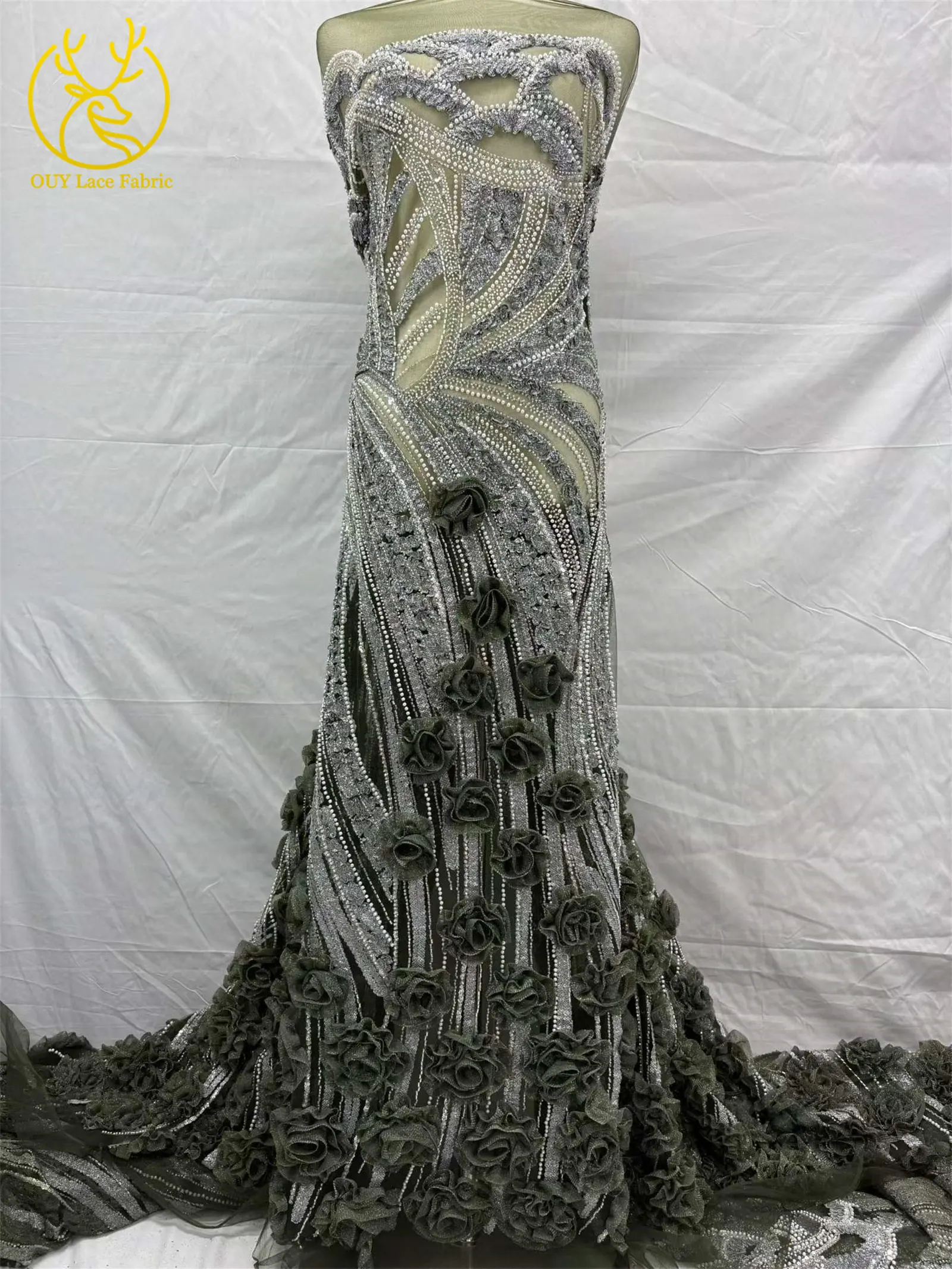 Eleganter 3D-Blumen-Französischer Perlen-Pailletten-Spitzenstoff 2026 Hochwertiger Afrikanischer Spitzenstoff Nigerianisches Hochzeitskleid Nähzubehör – Detail 9