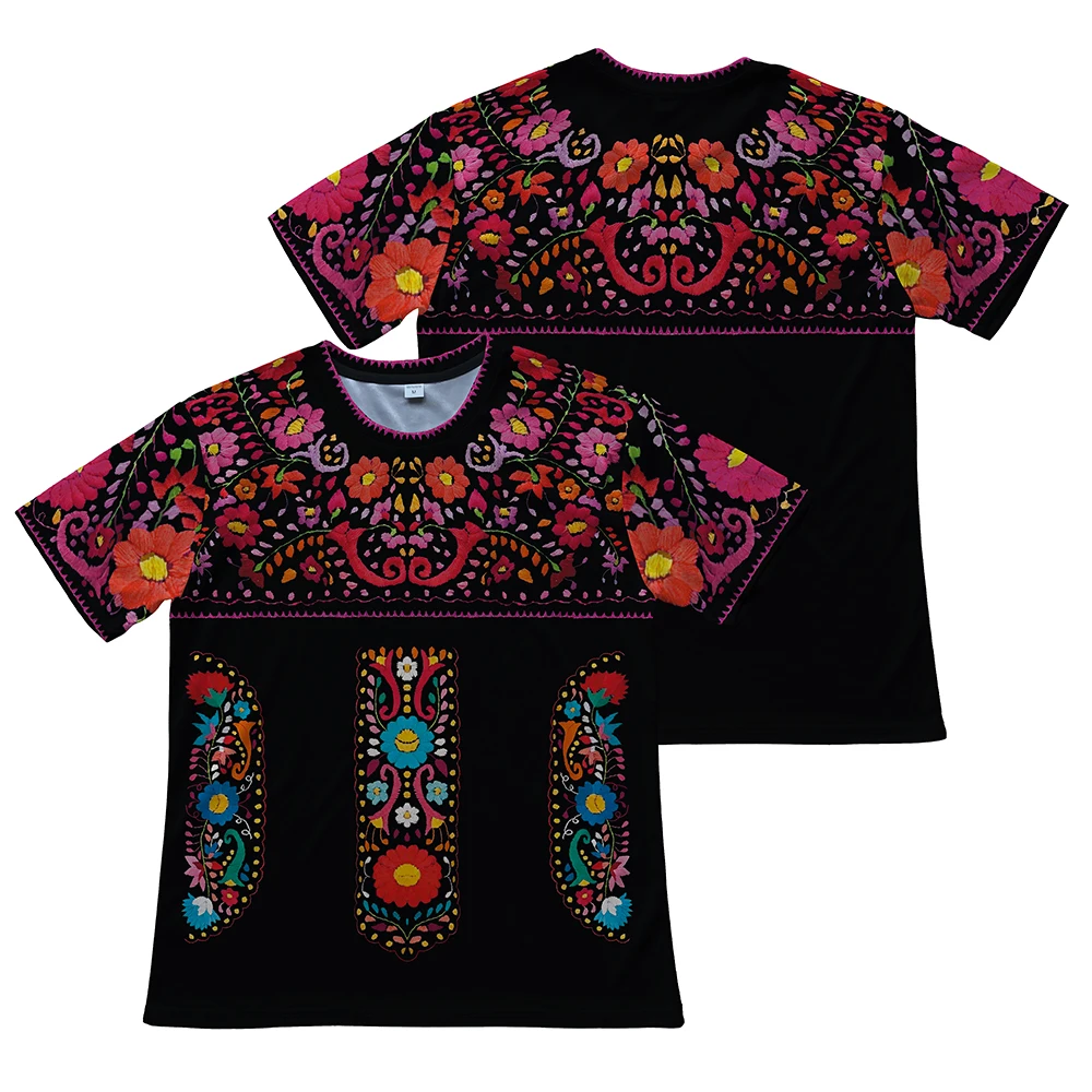 3D Printed Colorful Mexican Flowers T-Shirt Floral Shirt Mexican Basic Tee Hippie-Boho Style Short Sleeve Crew Neck Women Top