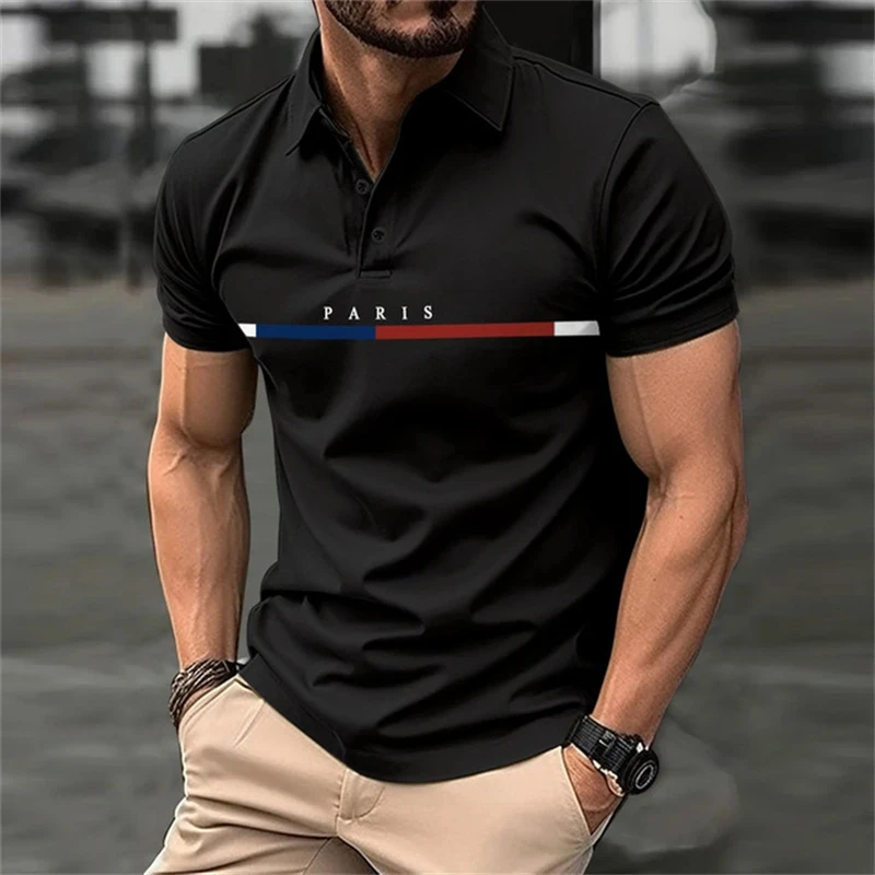 Camisa polo com letras estampadas masculina, botão casual, roupa de negócios respirável, blusa manga curta, moda divertida, verão