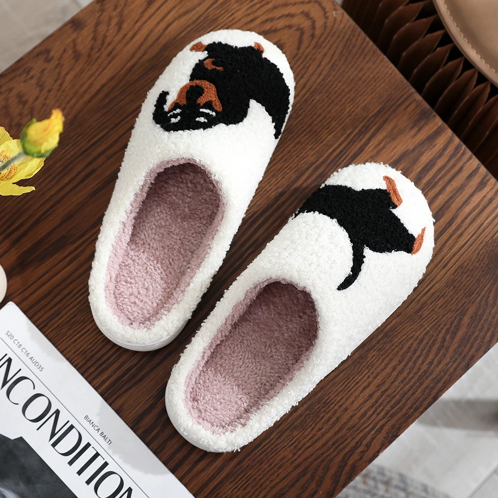 Fuzzy Dog Slippers Dachshund Embroidery Home Thick Sole Plaid Furry Cotton Slippers Cute Warm Non-slip Indoor Causal Slippers