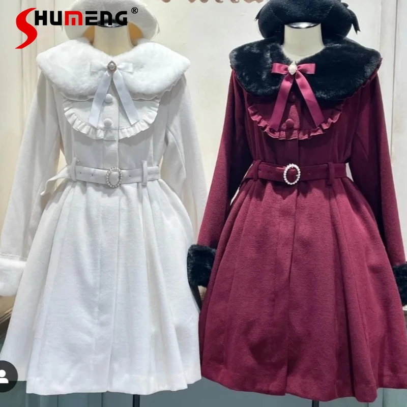 

New Japanese Lolita Furry Collar Long-sleeves Dress Jacket With Belt Rojita Y2k Solid Color Sweet Cute Pearl Button Woolen Coat