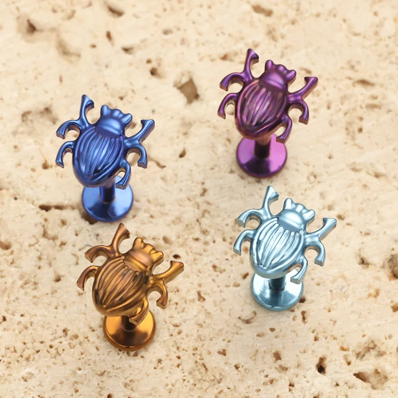 ASTM F136 Titanium Scarab Beetle Cartilage Stud Earring Internally Threaded Insect Helix Earlobe Labret Anodized body Piercing