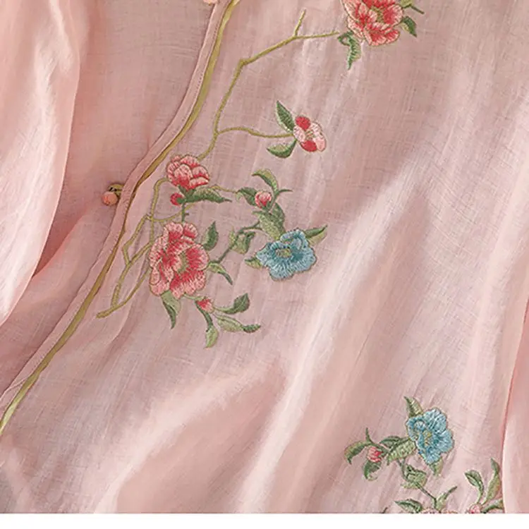 National Style Top Pure Cotton Linen Embroidered Shirt Women Ethnic Style Summer Chinese Style Oblique Placket Buttoned Shirt