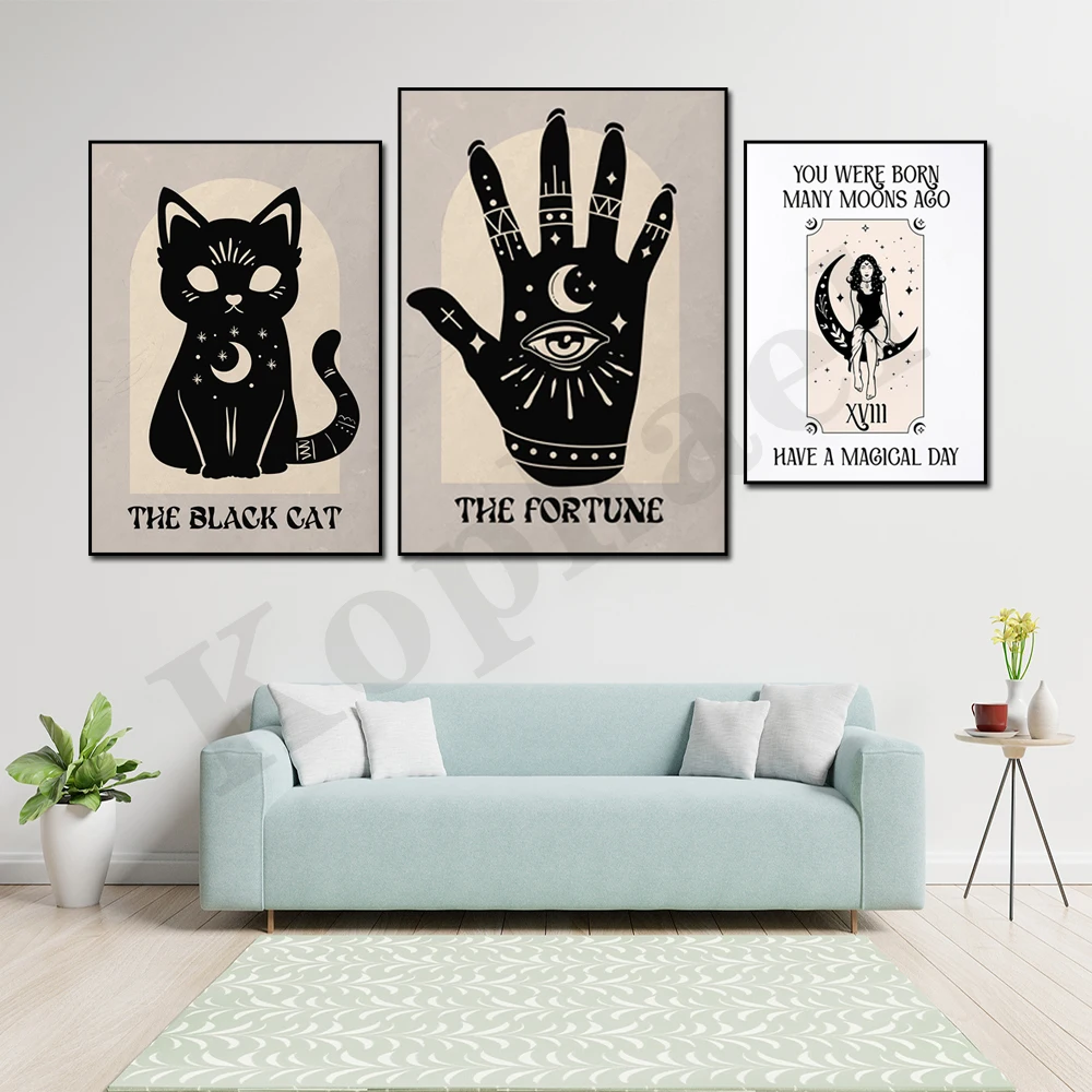 Abstract Black Cat Tarot Style Boho Mystic Spiritual Celestial Sun And Moon Decoration Poster