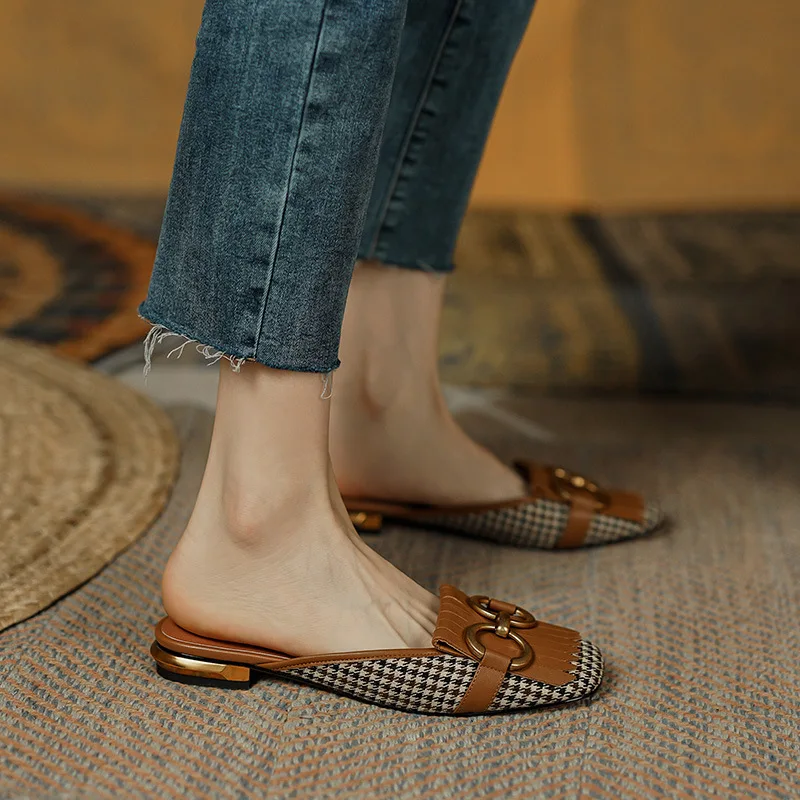 Summer Sandals for Women Retro Closed Square Toe Sandals Woman Slip on Mules Shoes Buckle Strap Lady Casual Flat Shoes