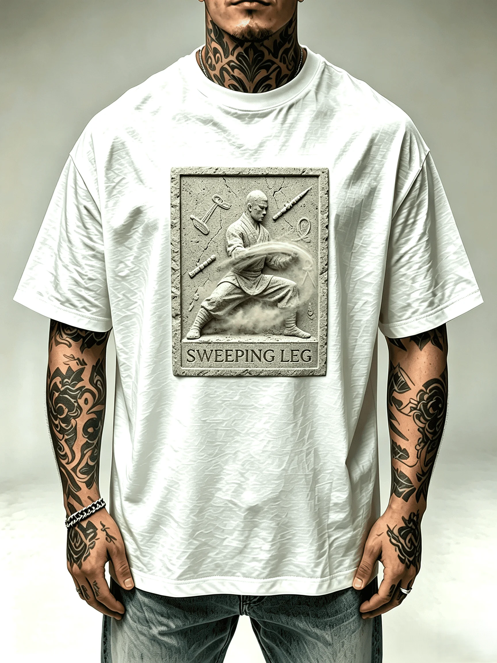 Camiseta Unisex de Manga Corta Oversize con Relieve 3D de Piedra de Monje Shaolin Kung Fu, Estilo Vintage de Artes Marciales Chinas, con Diseño de Piedra Agrietada, para Hombre y Mujer, Prendas de Calle