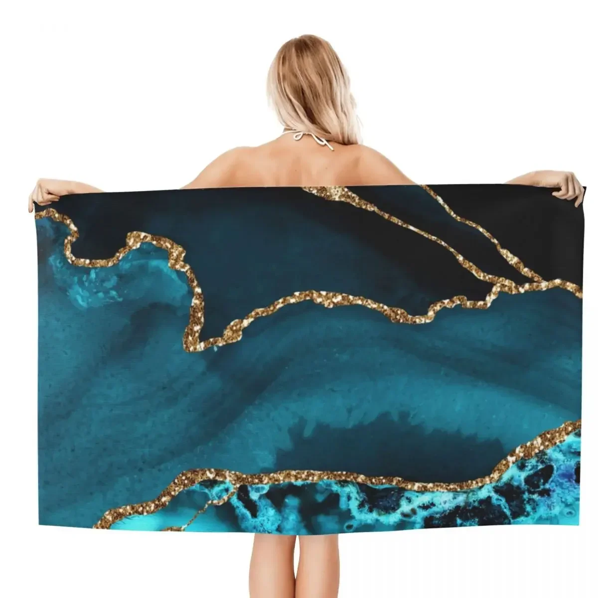 Teal Blue And Gold Hues Marble Agate Beach Towel Geometric Abstract Modern Super Soft Microfiber Pool Towels