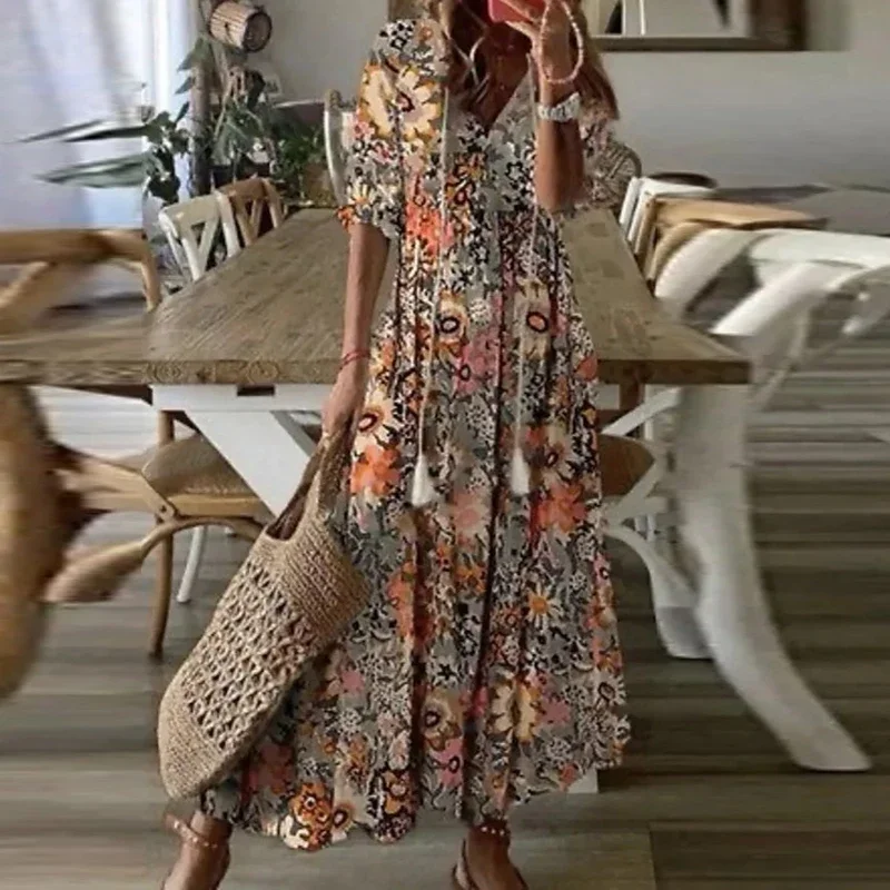 Boho Loosen V Neck Tassel Long Dress 2023 Spring Floral Print Pleated Party Maxi Dress Women Embroidery Lace Sleeve Summer Dress