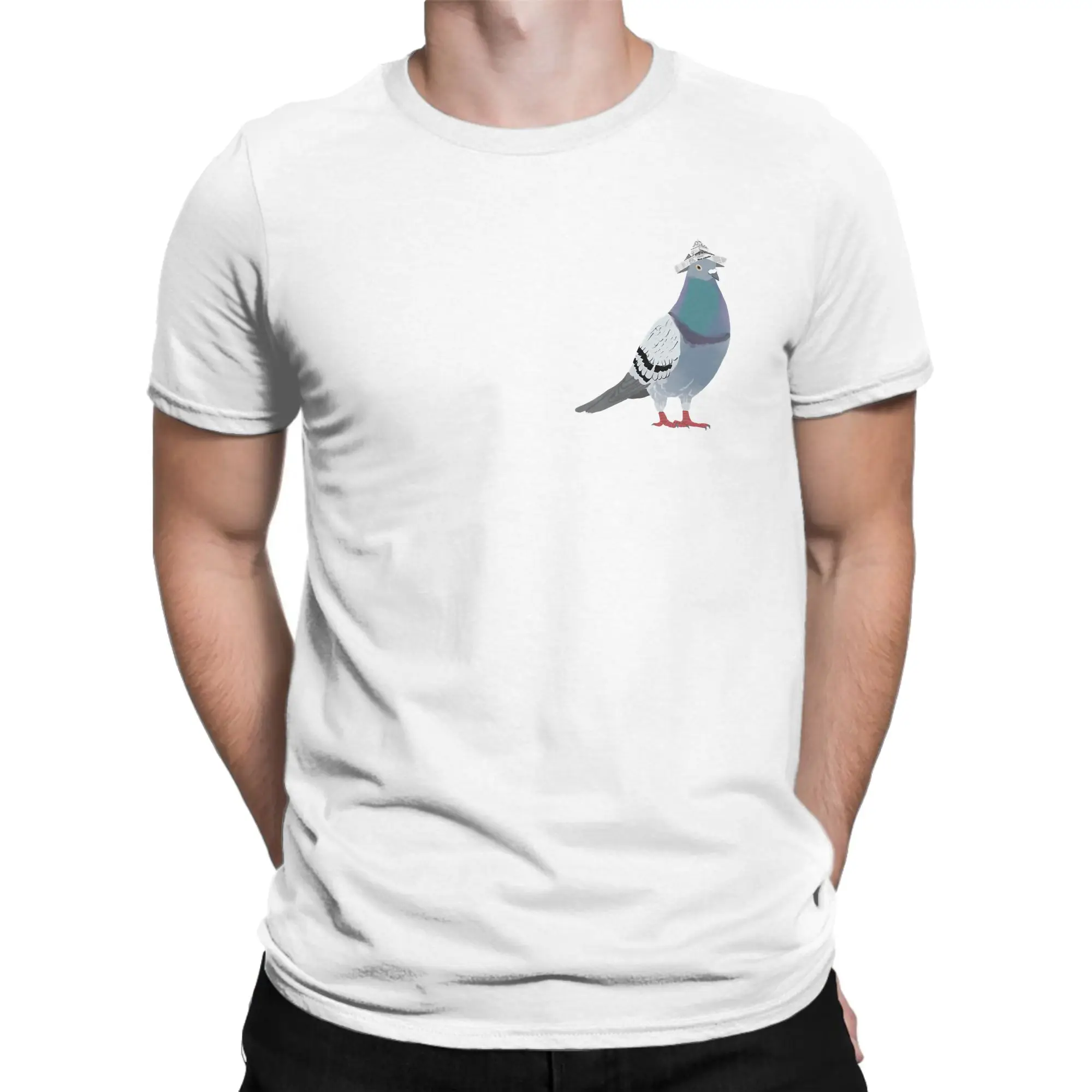 Priting Pigeon with Newspaper Hat T Shirt Men Crewneck Short Sleeve Top Tee  100%Cotton Summer Tops