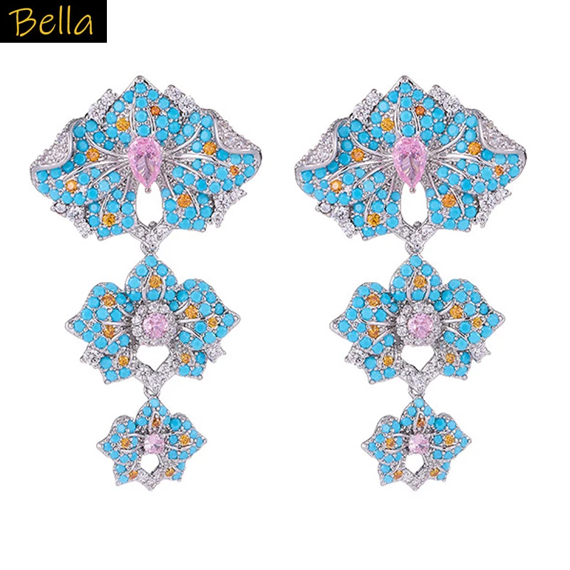 

luxury jewelry blue flower earrings for women elegant dangling earrings wedding dinner party gown jewelry zirconia unique design