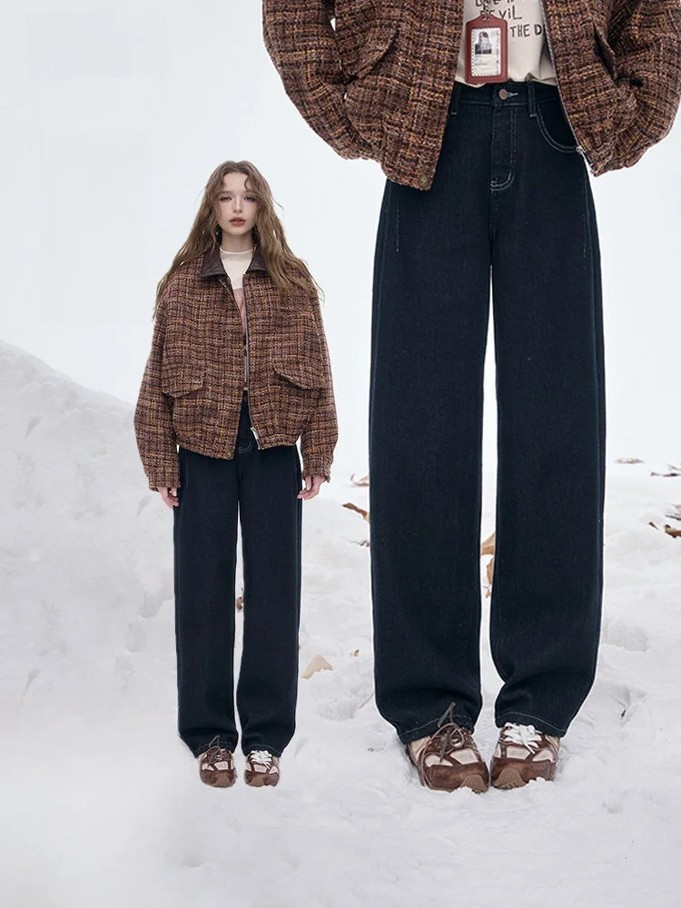 

Retro Dark Fleece Lined Denim Jeans Women Loose Slimming Carrot Pants Casual Washed Zipper Fly Winter Ladies Loose Fit