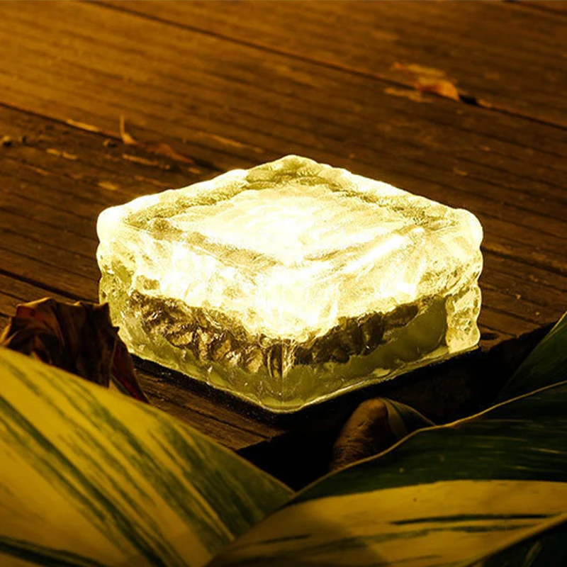 Household LED Square Ice Cube Lamp Courtyard Garden Glass Decorative Lamp Solar Powered Ice Brick Lamp Outdoor Tile Light