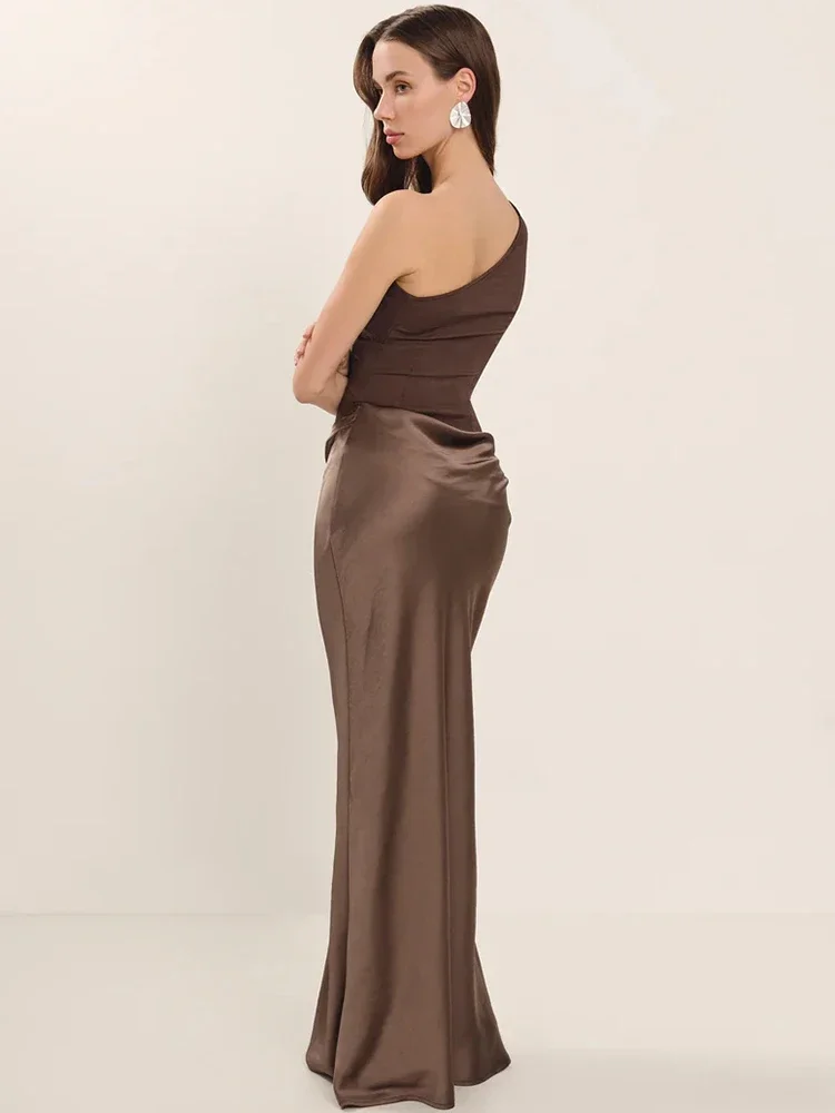 XIAOTANG 새틴 경사 어깨 섹시한 맥시 드레스 여성 패션 패치 워크 민소매 Backless Bodycon 이브닝 클럽 파티 드레스