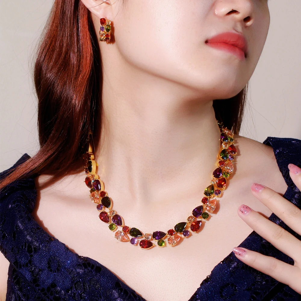 BeaQueen Luxury Bohemian Multicolor CZ Water Drop Round Necklace Earrings Sets for Women Halloween Christmas Jewelry Gifts JS431