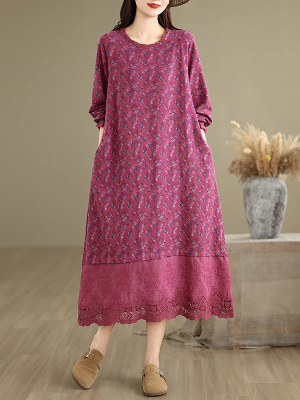 

Retro Floral Print Long Sve round Ne Dr Women's Loose Fit Maxi Dr Agel Ele plus Size Casual A-Line Gown
