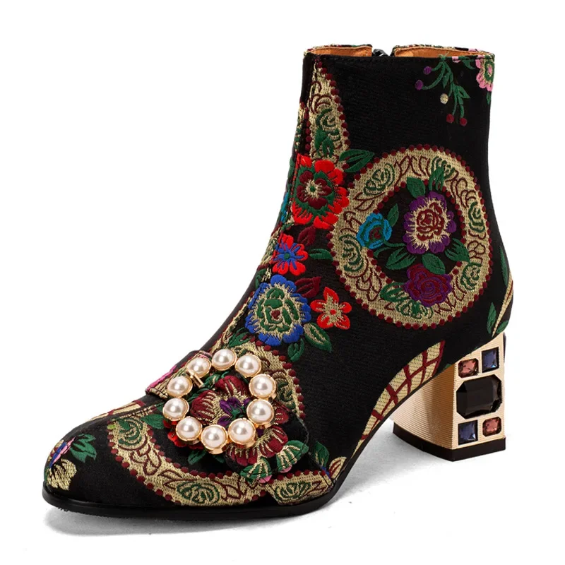 

Gorgeous Pearl Buckle Embroidery Ethnic Chelsea Boots Zipper Round Head Square Heel Height Increase Sexy Women's Boots 34&43