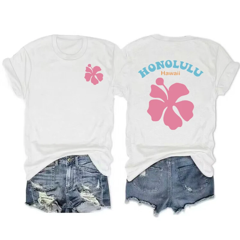 Casual Ladies Print T-shirts Honolulu Hawaii Short Sleeve Tops Fashion Floral Letter Trend Fall Women Tshirt Female Graphic Tee