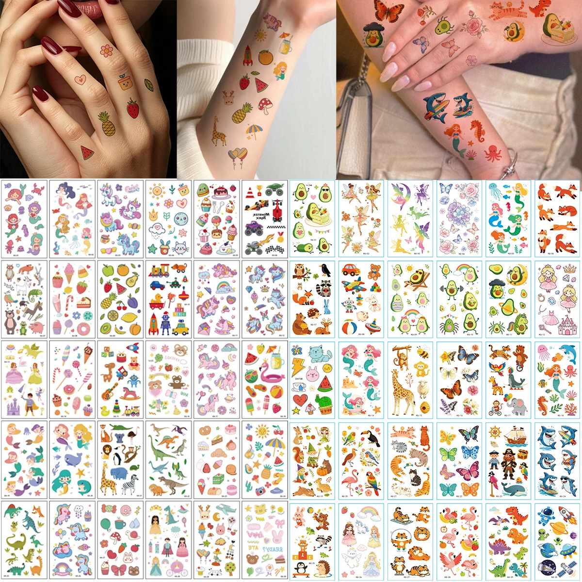 60pcs Cartoon Temporary Fake Tattoo Stickers Avocado Mermaid Flower Butterfly Small Pattern Tattoo Stickers for Daily Party Body