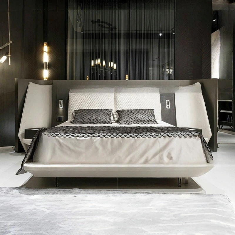 Łóżko wiszące w stylu light luxury, skórzane, artystyczne, do sypialni, domu, willi, nowoczesne, ekskluzywne, kreatywne, z lampką nocną i szerokim ekranem.