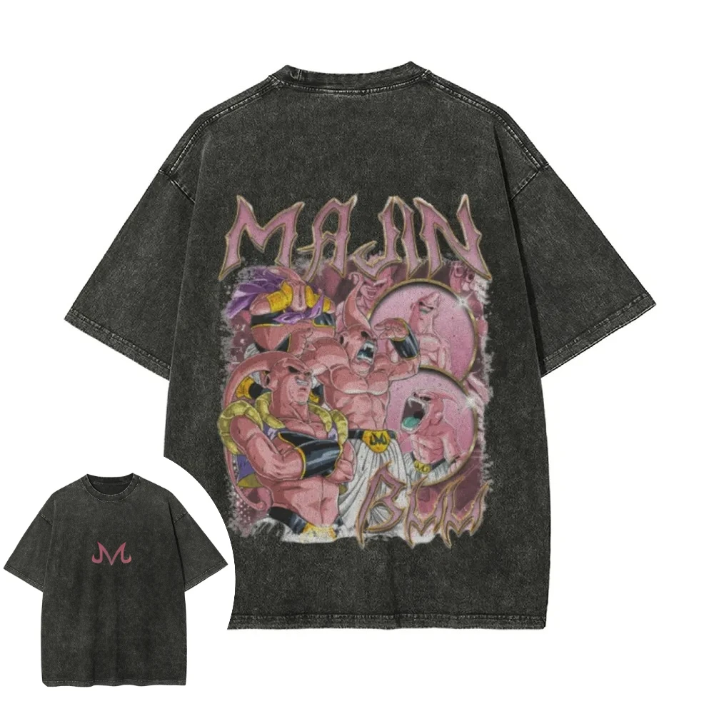 

Dragon Ball Z Men's and Women's Washed T-Shirt Majin Buu Summer Spring Anime Tee Retro Distressed Basic Personality Short Sleeve