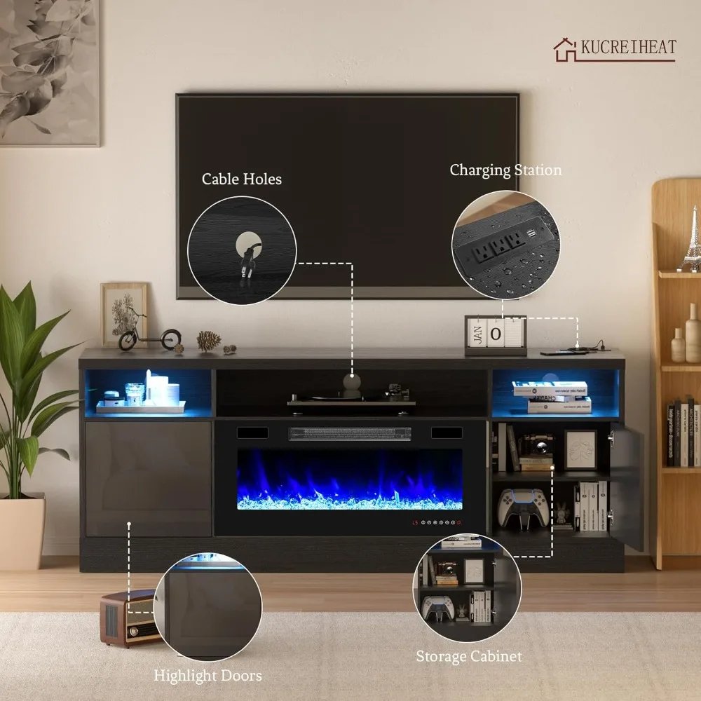 حامل تلفزيون أسود مقاس 70 بوصة مع مدفأة مدمجة ومخرج طاقة - مركز ترفيه لأجهزة التلفاز مقاس 75 بوصة وأكبر، بارتفاع 27 بوصة