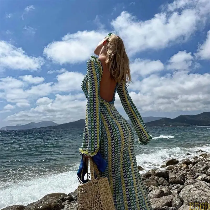 Robe de plage en tricot ajouré, manches longues, Cover-up pour maillot de bain, dos nu, en Crochet, pleine longueur