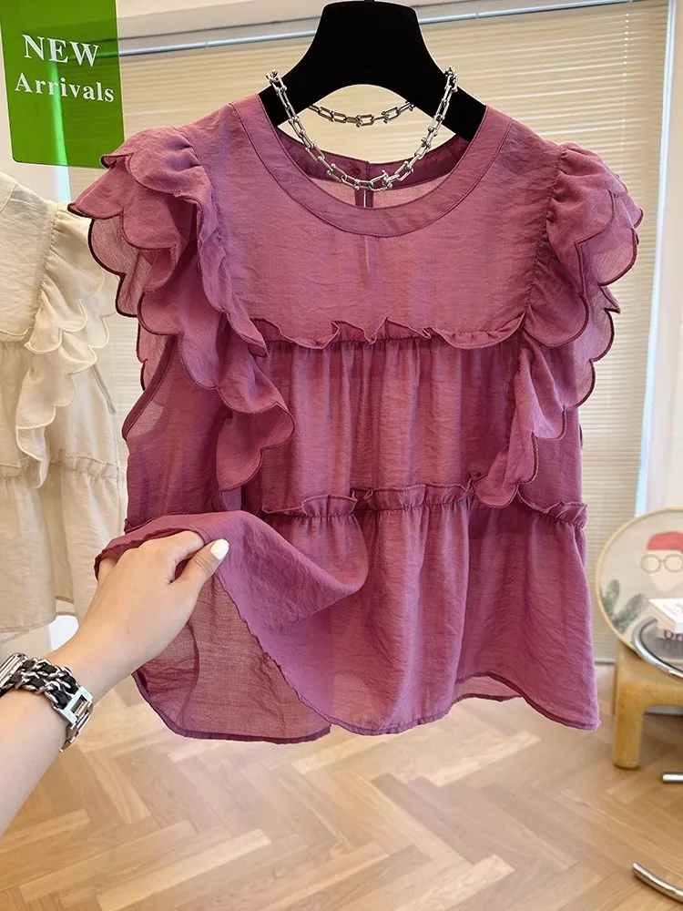 Women Petal Edge Chic Purple Blouse Loose Off Shoulder O-neck Solid Color Puff Sleeve Loose Tops Shirt