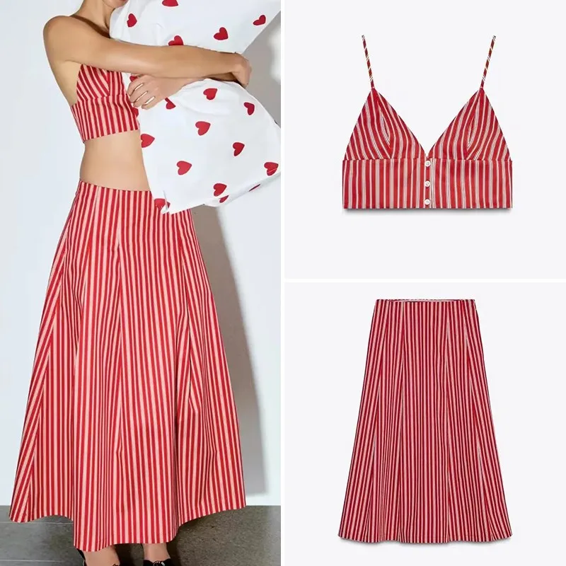 Frühlings-2025, gestreiftes Oberteil und Midirock für Damen, Faion-Set Z, brandneue Ankunft, eleganter Look, perfekt für die Arbeit oder...