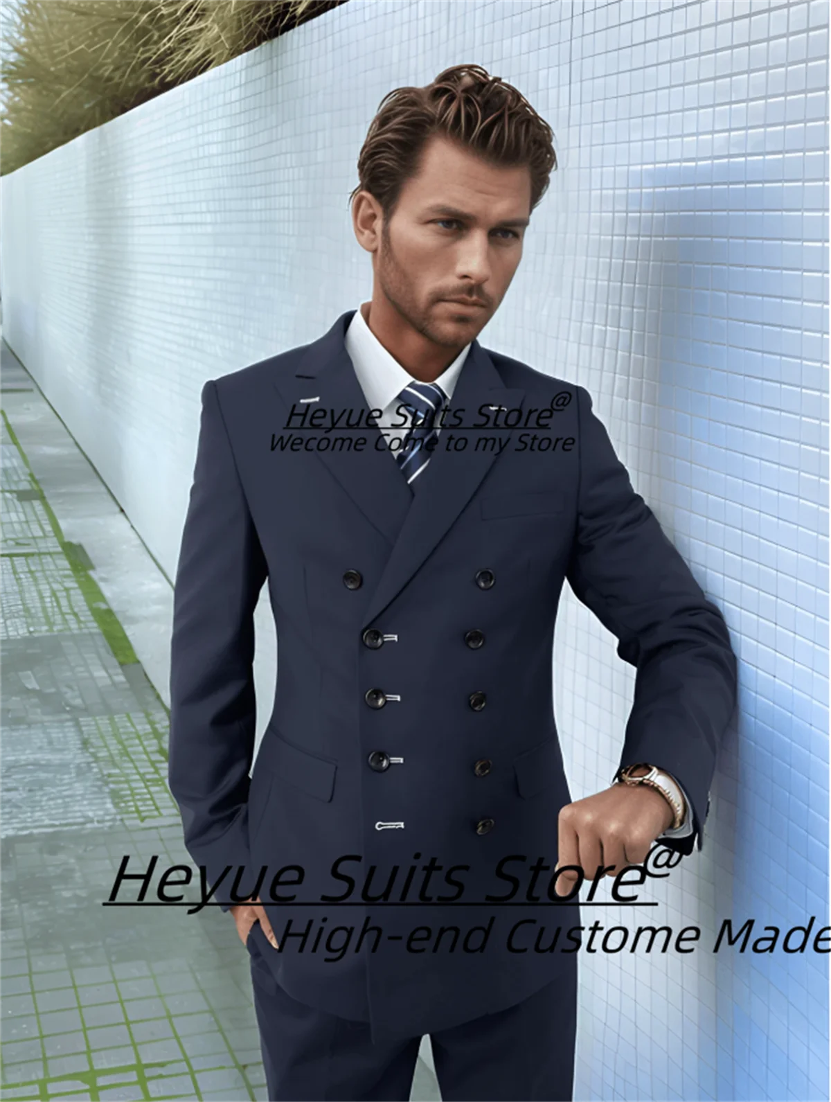 

Formal Navy Blue Men Suits Slim Fit Double Breasted Groom Party Tuxedos 2 Pieces Sets Office Work Male Blazers Costume Homme
