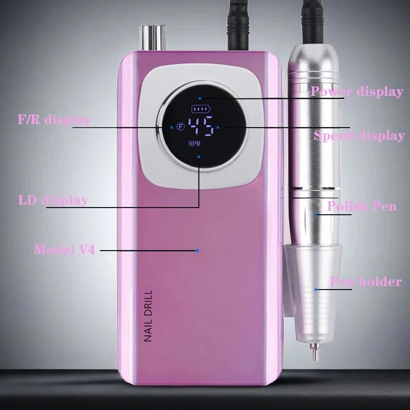 45000RPM Rechargeable Electric Nail Drill - Portable Professional Set with LCD, Low Noise, Cuticle Removal