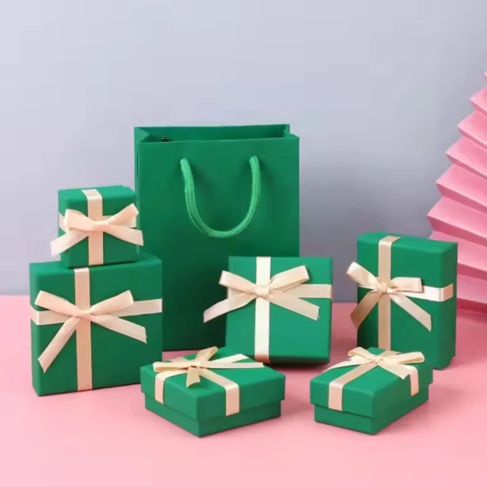 Wholesale 10pcs/ lot Paper Cases Green Jewelry Packaging Box Earrings Ring Coral Carton with Red Bow Ribbon New Christmas Gift