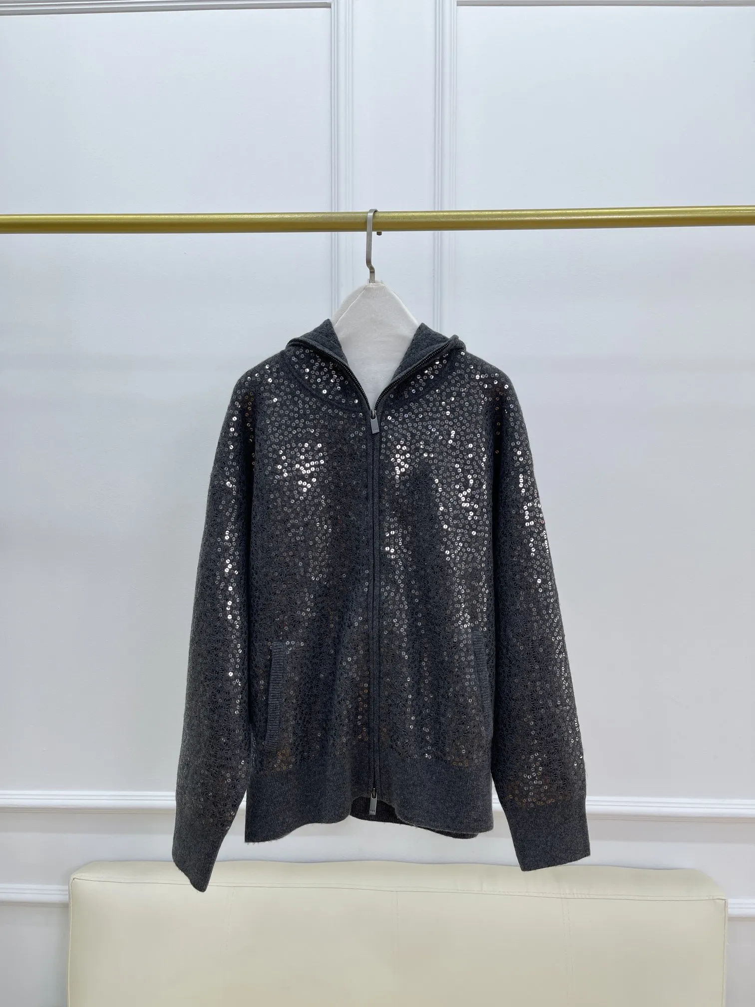 Autumn And Winter New Fashion Luxury Sequin Zipper High Quality Cashmere Sweater Jacket For Women