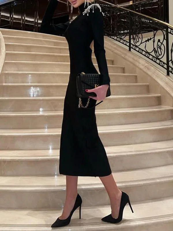 Tinaa Black Bodycon Maxi Dress Women 2026 Backless High Neck Crystal Shoulder Studs Long Sleeve High Slit Evening Gown Dresses