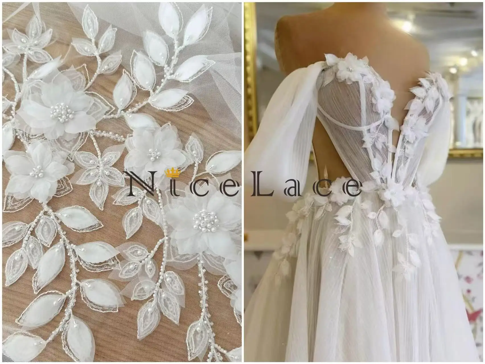 

wholesale price 3d Flower Beaded Lace Appliques for Wedding Dresses, flora bridal motifs for novias, one pair with 2 pieces