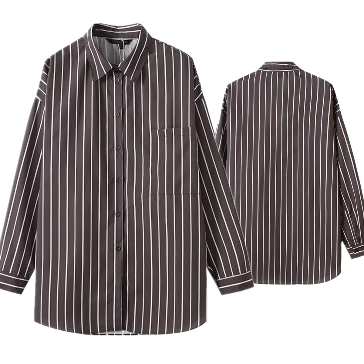 

Jenny&Dave Autumn Women's Top French Lazy Coffee Striped Loose Shirt Minimalist Retro Boyfriend Style Long Sleeved Shirt Women