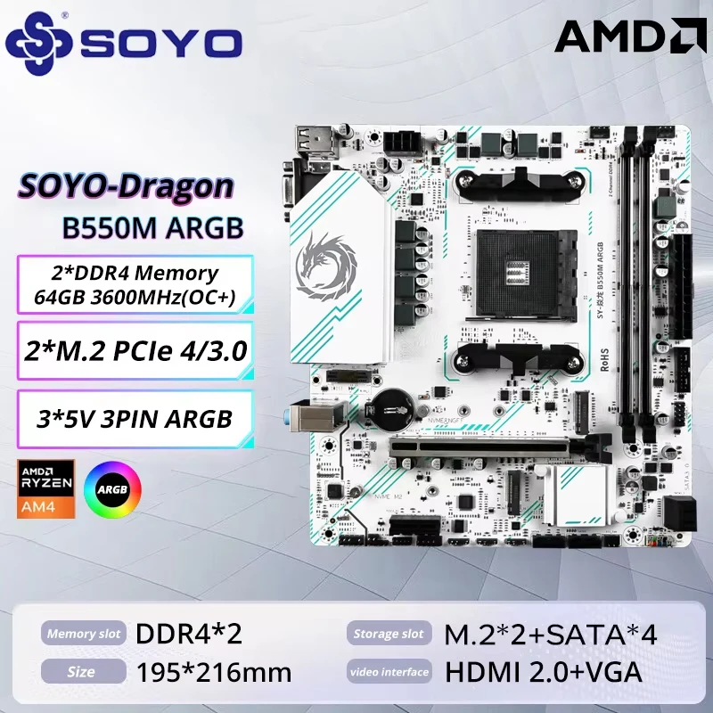 

SOYO B550M GAMING Motherboard Micro-ATX Socket AM4 Ryzen 3000 4000 5000 Series Dual Channel DDR4 ARGB 2*M.2 MVNE 4*SATA3
