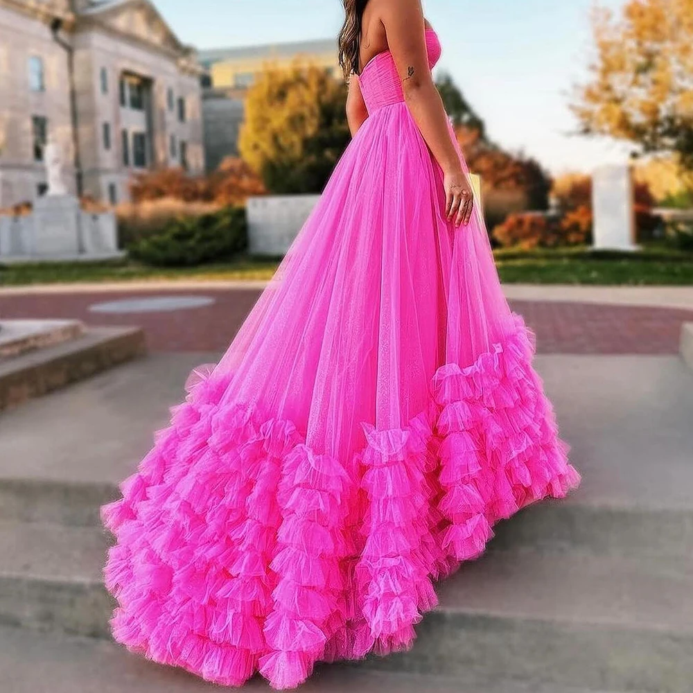 Ruffles Panel Train A-Line High Quality and Temperament  Evening Dresses Custom Size Floor Length Strapless Tulle Sleeveless